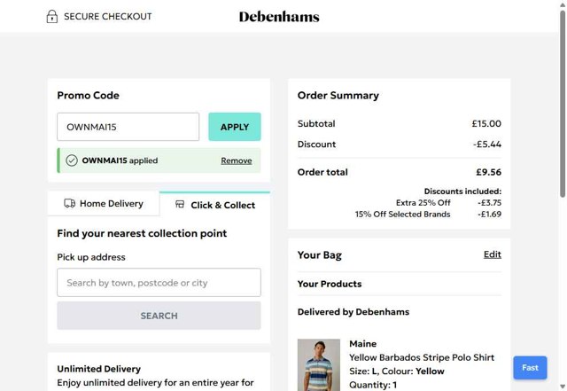 Debenhams checkout page showing Debenhams discount code box | Screenshot taken by SimplyCodes community member on Aug 23, 2025
