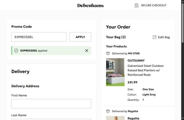 Debenhams checkout page showing Debenhams discount code box | Screenshot taken by SimplyCodes community member on Sep 12, 2025