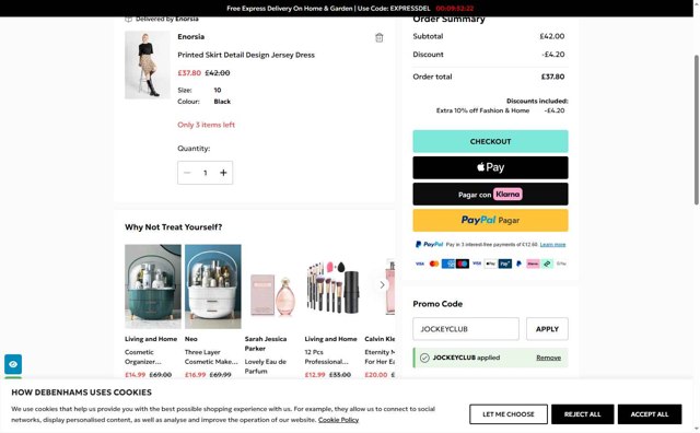 Debenhams checkout page showing Debenhams discount code box | Screenshot taken by SimplyCodes community member on Aug 20, 2025