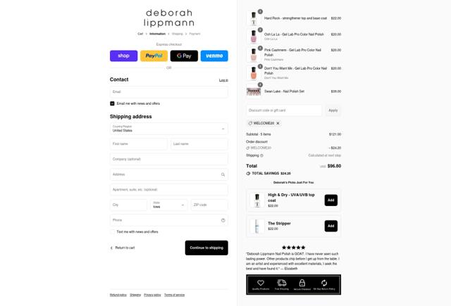 Deborah Lippmann checkout page showing Deborah Lippmann promo code box | Screenshot taken by SimplyCodes community member on Aug 31, 2025