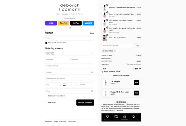 Deborah Lippmann checkout page showing Deborah Lippmann promo code box | Screenshot taken by SimplyCodes community member on Sep 12, 2025
