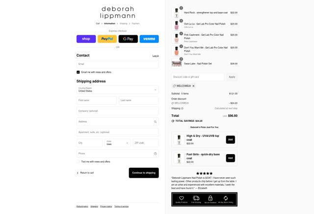 Deborah Lippmann checkout page showing Deborah Lippmann promo code box | Screenshot taken by SimplyCodes community member on Sep 4, 2025