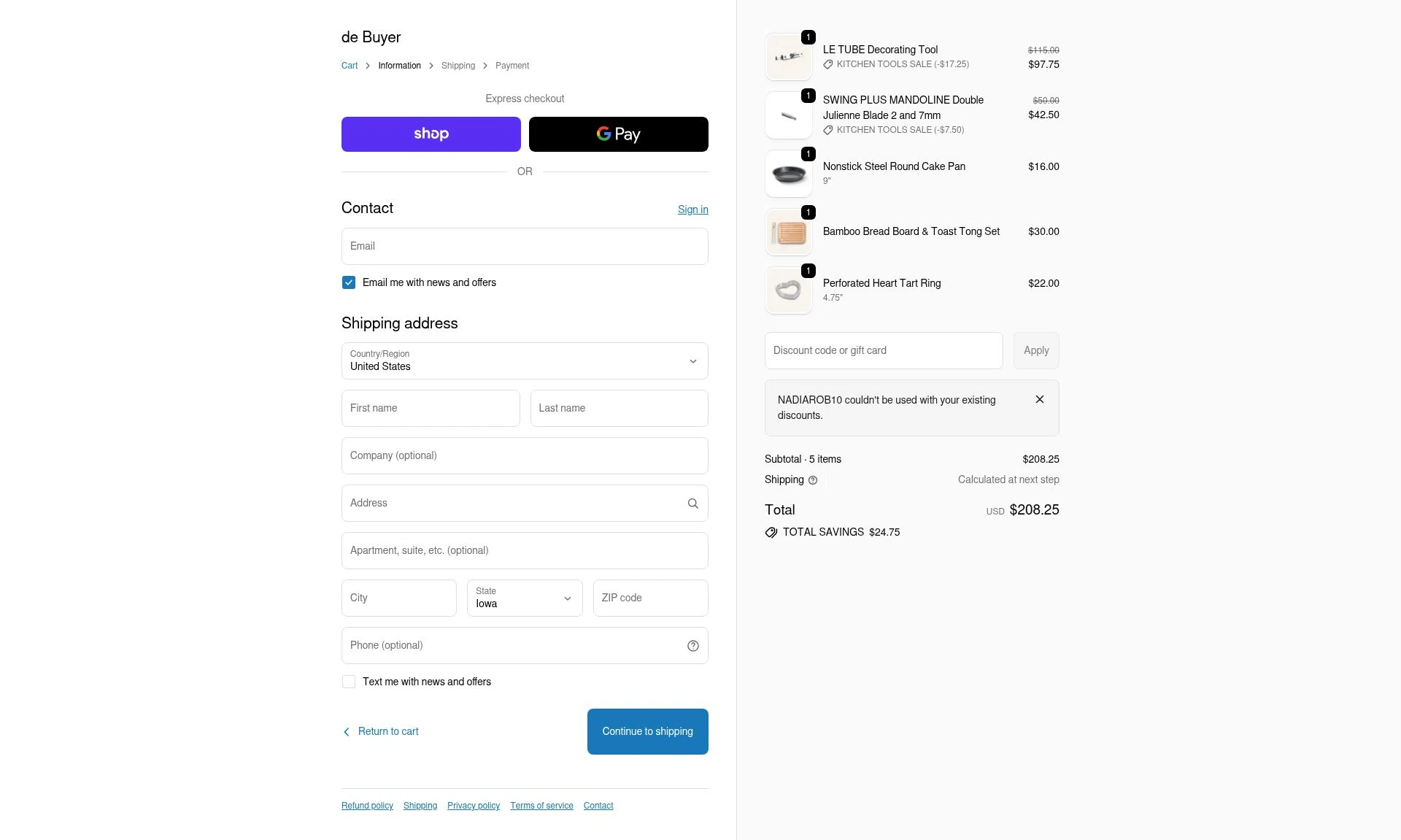 De Buyer USA checkout page showing De Buyer USA promo code box | Screenshot taken by SimplyCodes community member on Feb 1, 2026