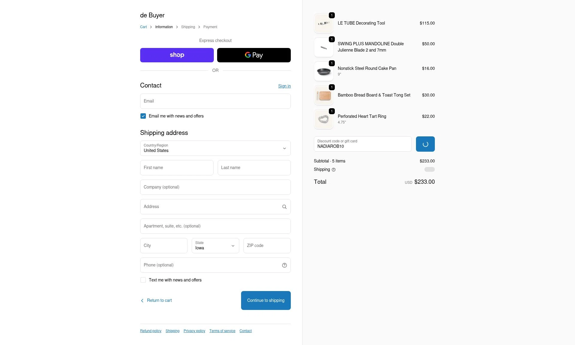 De Buyer USA checkout page showing De Buyer USA promo code box | Screenshot taken by SimplyCodes community member on Feb 6, 2026