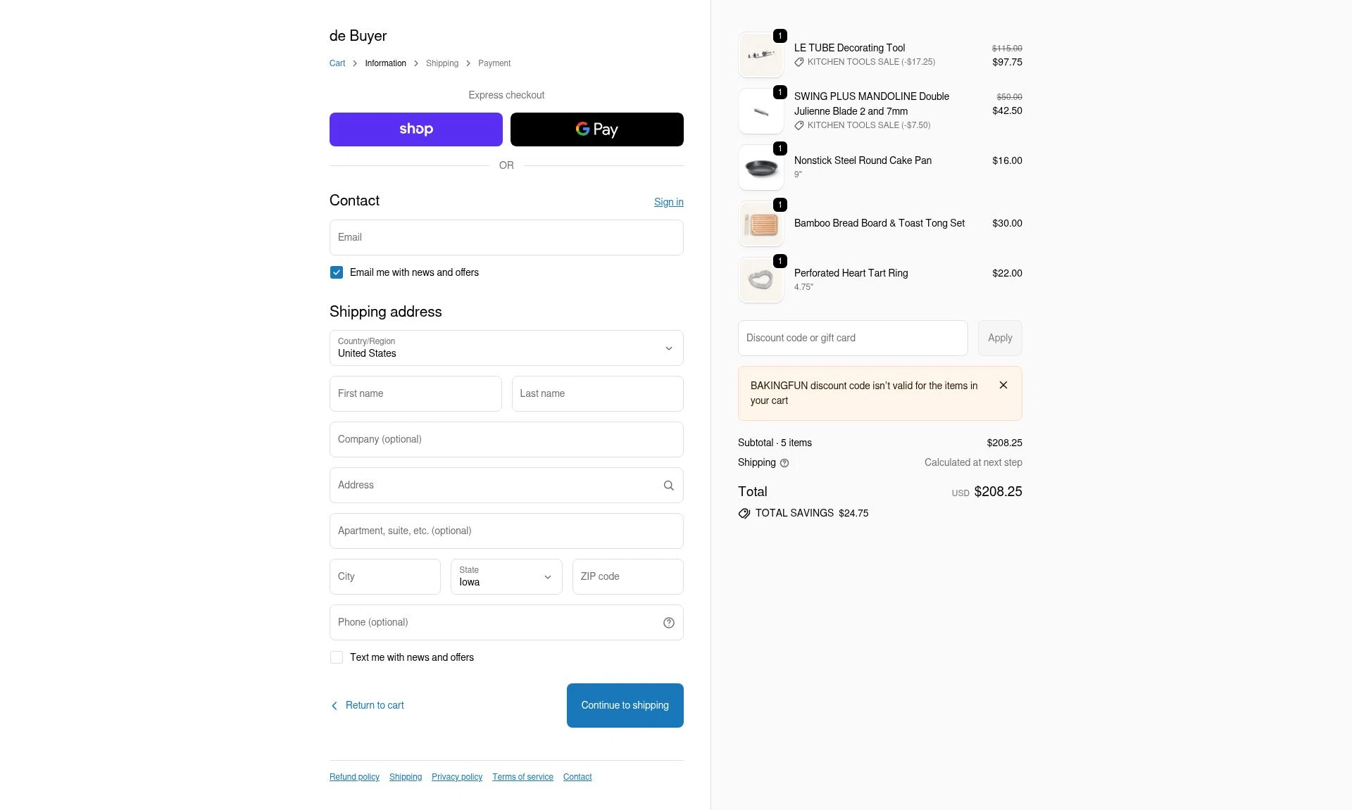 De Buyer USA checkout page showing De Buyer USA promo code box | Screenshot taken by SimplyCodes community member on Feb 1, 2026