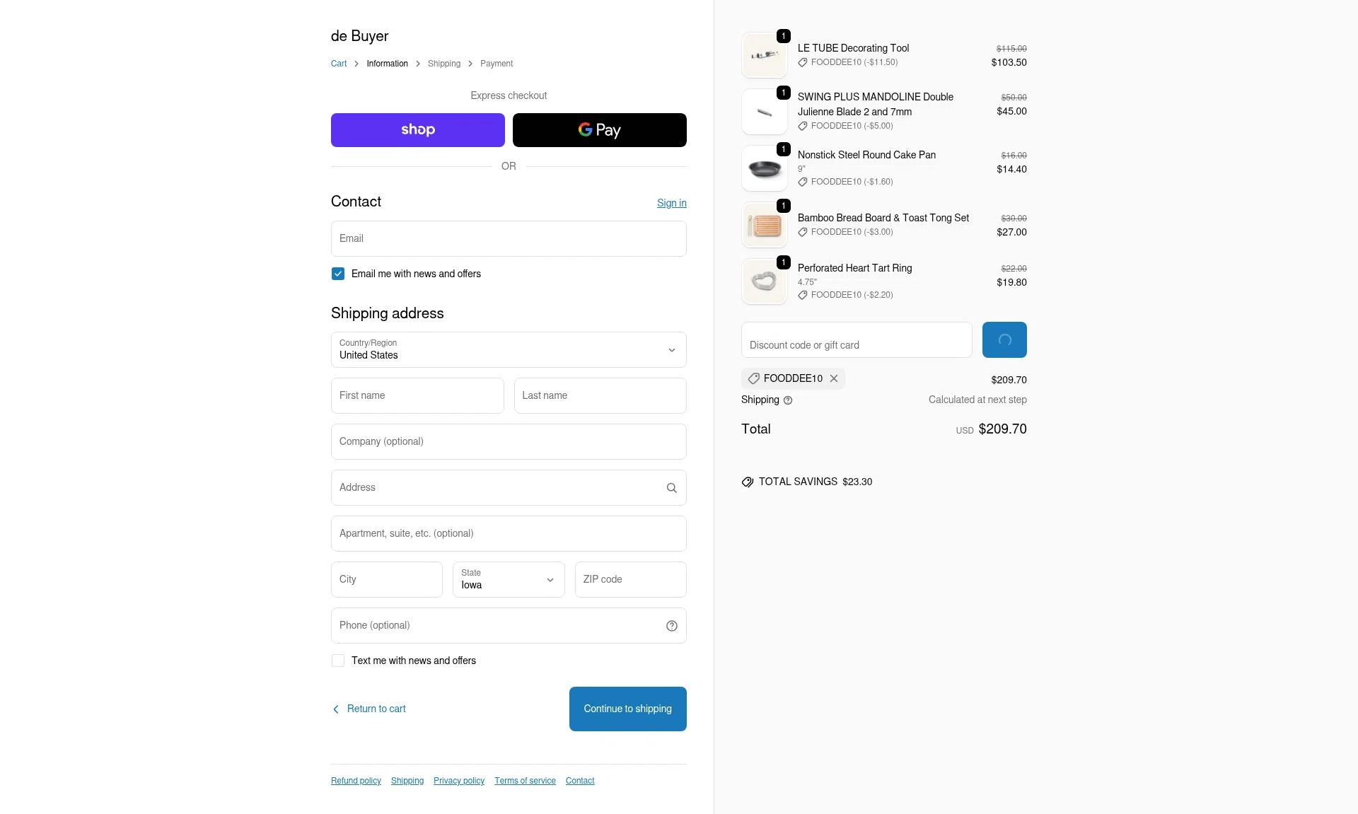 De Buyer USA checkout page showing De Buyer USA promo code box | Screenshot taken by SimplyCodes community member on Feb 6, 2026