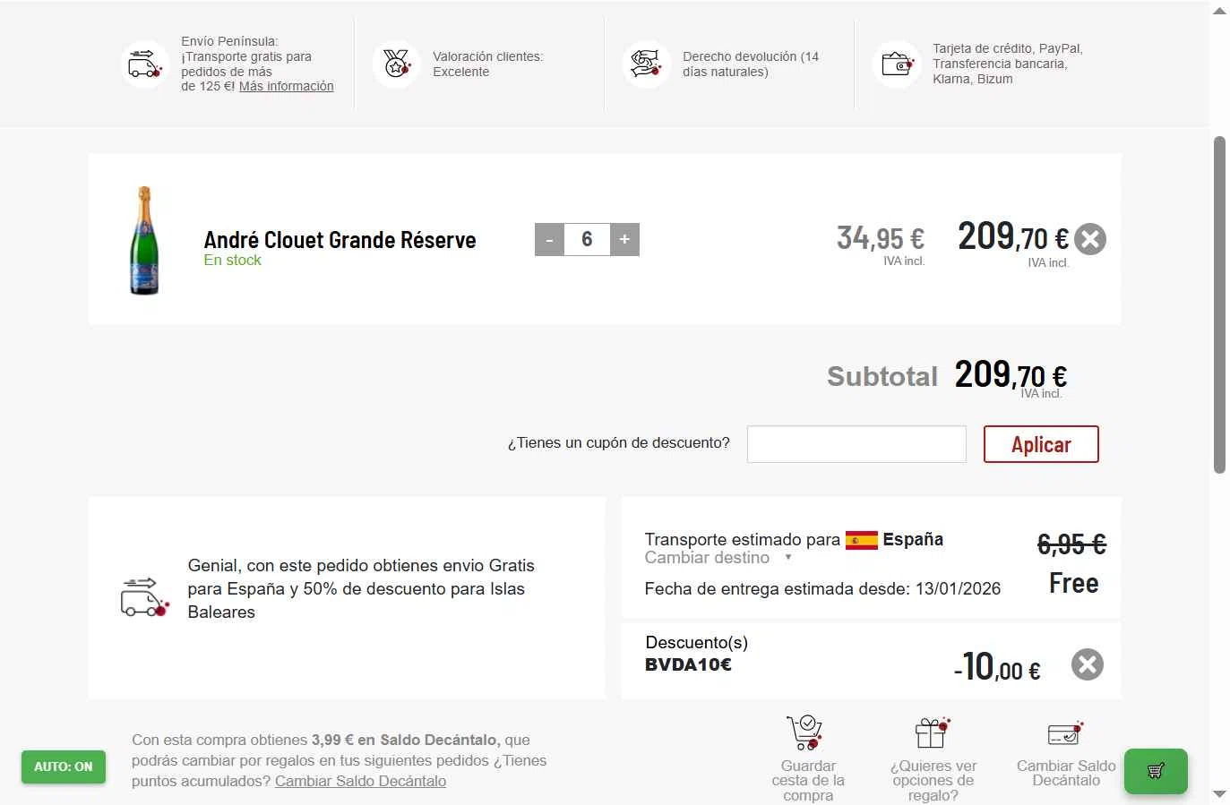 Decantalo checkout page showing Decantalo discount code box | Screenshot taken by SimplyCodes community member on Jan 11, 2026