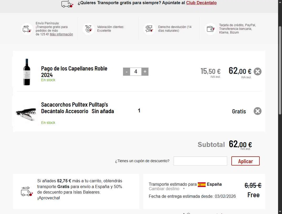 Decantalo checkout page showing Decantalo discount code box | Screenshot taken by SimplyCodes community member on Feb 1, 2026