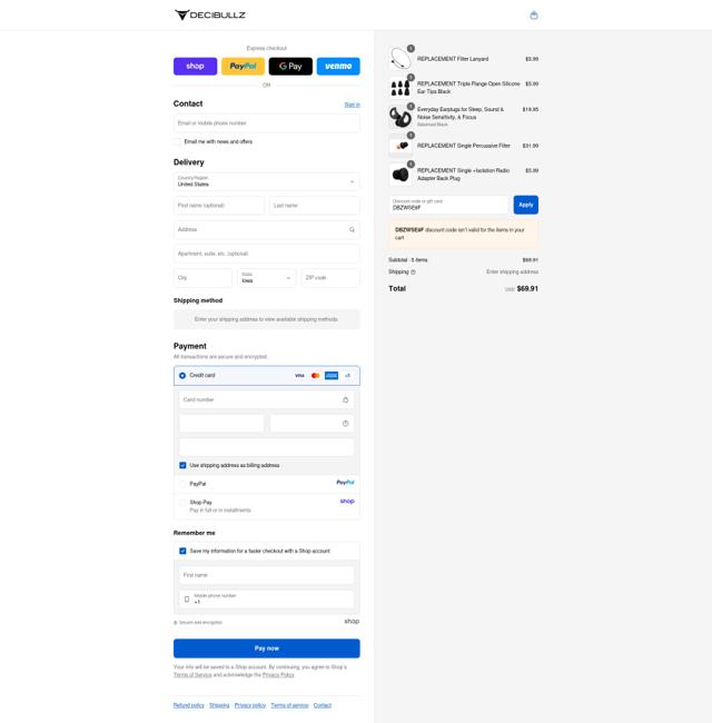 Decibullz checkout page showing Decibullz discount code box | Screenshot taken by SimplyCodes community member on Sep 14, 2025