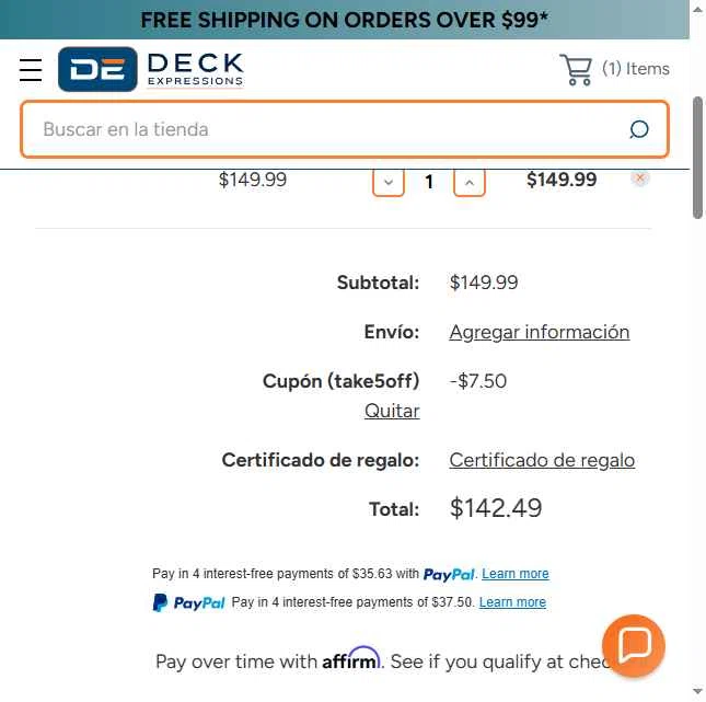 Deck Expressions checkout page showing Deck Expressions coupon code box | Screenshot taken by SimplyCodes community member on Sep 14, 2025
