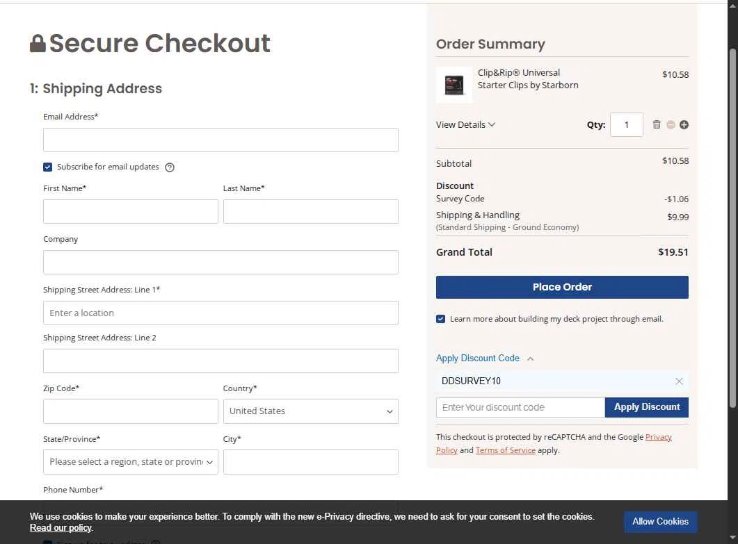 DecksDirect checkout page showing DecksDirect discount code box | Screenshot taken by SimplyCodes community member on May 12, 2025