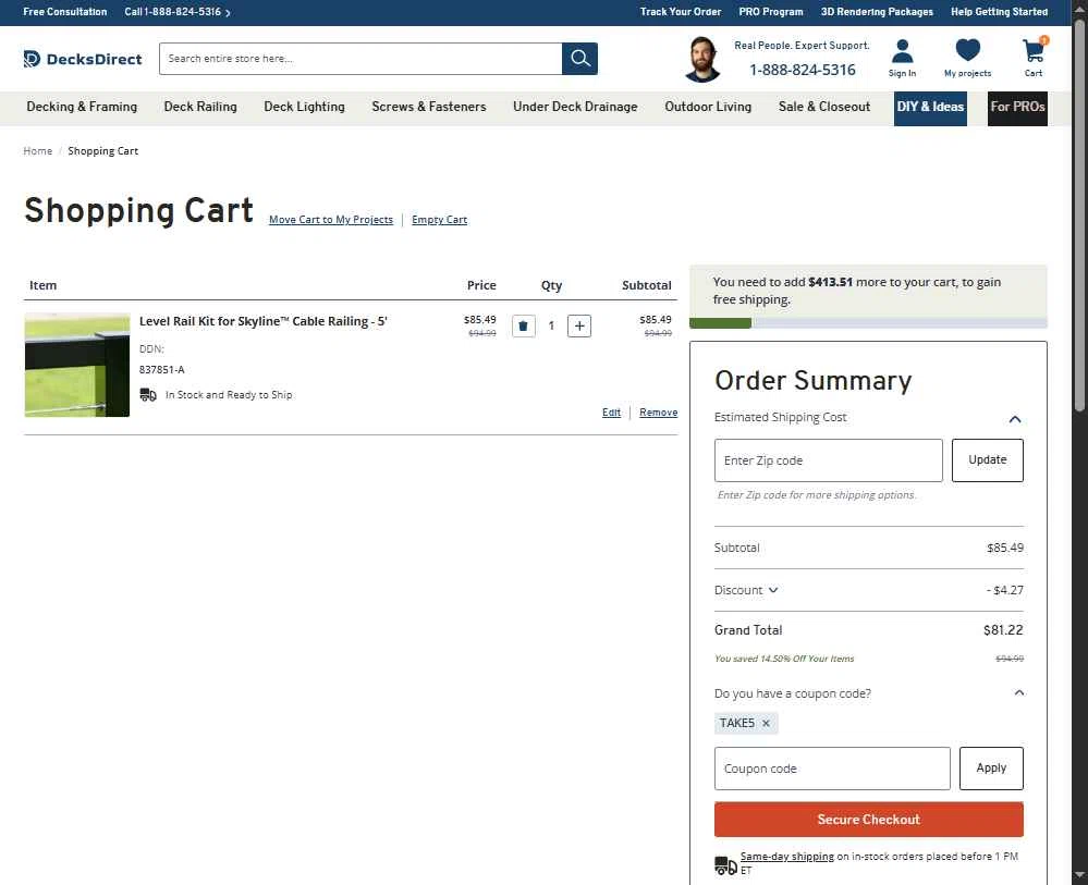 DecksDirect checkout page showing DecksDirect discount code box | Screenshot taken by SimplyCodes community member on Feb 4, 2026