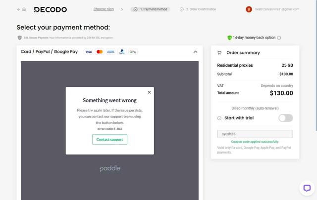 Decodo (formerly Smartproxy) checkout page showing Decodo (formerly Smartproxy) promo code box | Screenshot taken by SimplyCodes community member on Sep 4, 2025