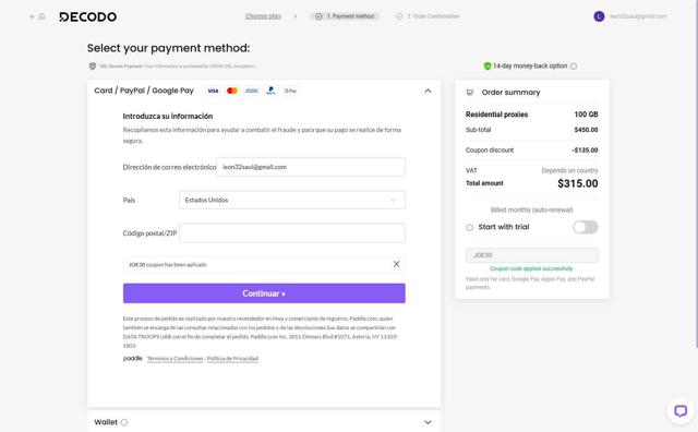 Decodo (formerly Smartproxy) checkout page showing Decodo (formerly Smartproxy) promo code box | Screenshot taken by SimplyCodes community member on Sep 10, 2025