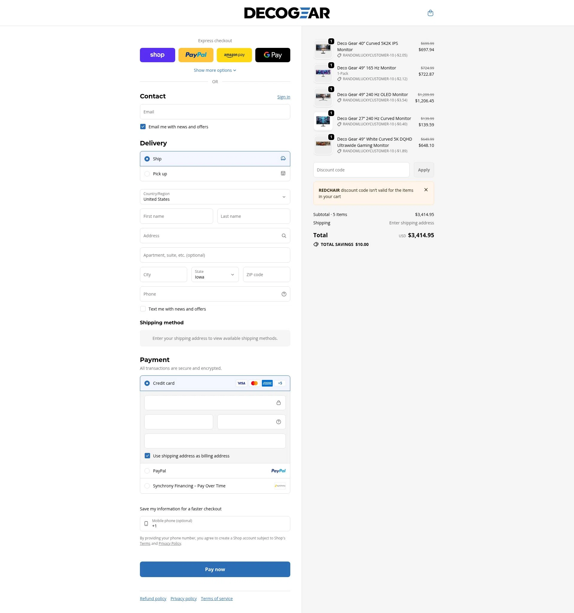 Deco Gear checkout page showing Deco Gear discount code box | Screenshot taken by SimplyCodes community member on Feb 7, 2026