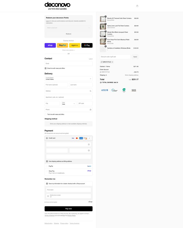 Deconovo checkout page showing Deconovo promo code box | Screenshot taken by SimplyCodes community member on Sep 7, 2025