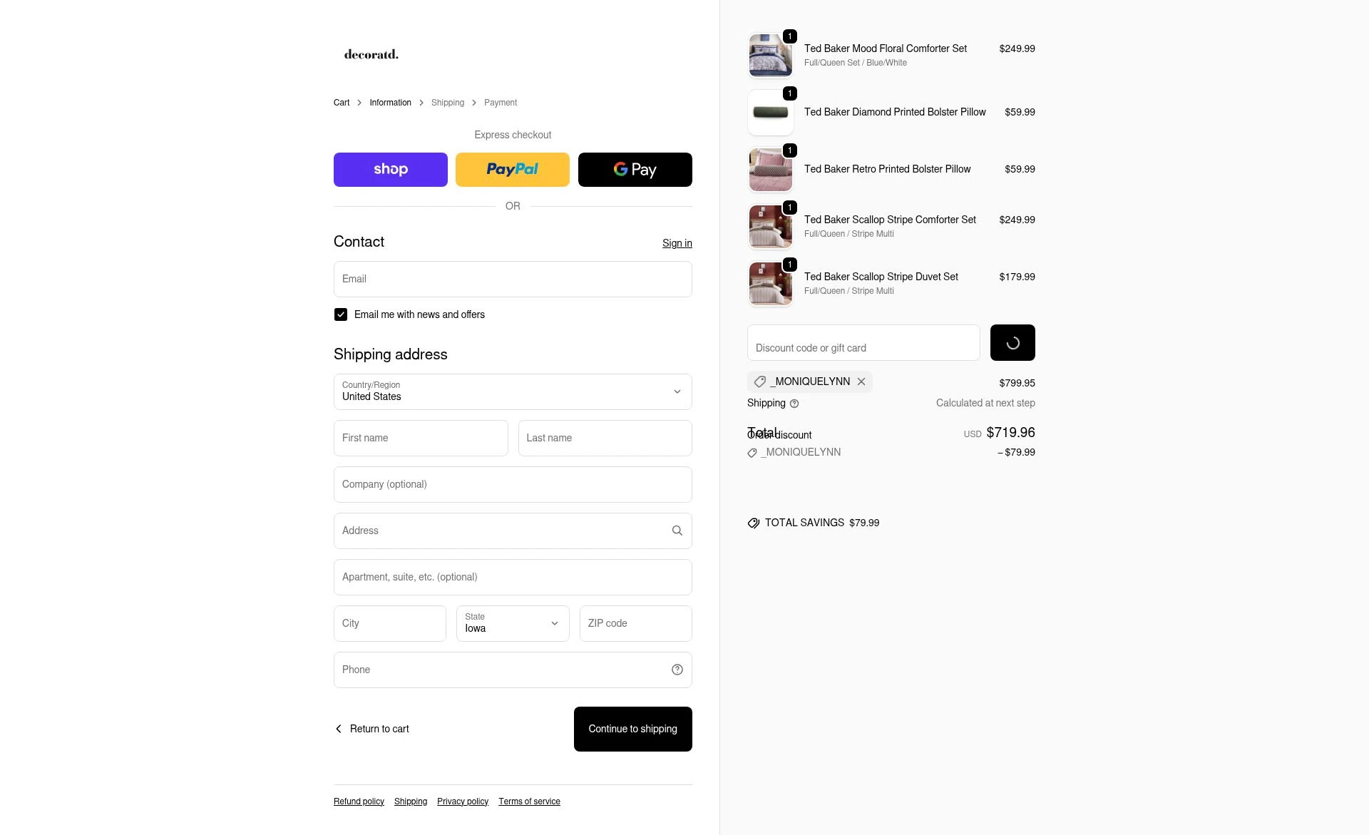Decoratd checkout page showing Decoratd promo code box | Screenshot taken by SimplyCodes community member on Jan 8, 2026