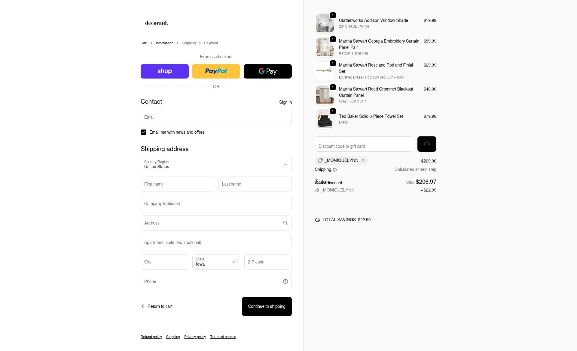Decoratd checkout page showing Decoratd promo code box | Screenshot taken by SimplyCodes community member on Dec 28, 2025