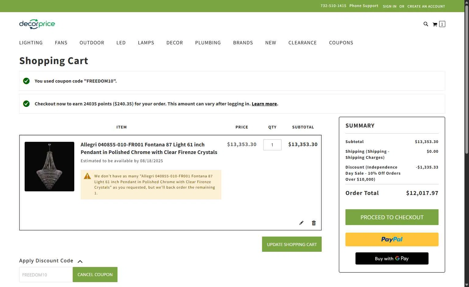 DecorPrice checkout page showing DecorPrice promo code box | Screenshot taken by SimplyCodes community member on Jul 4, 2025