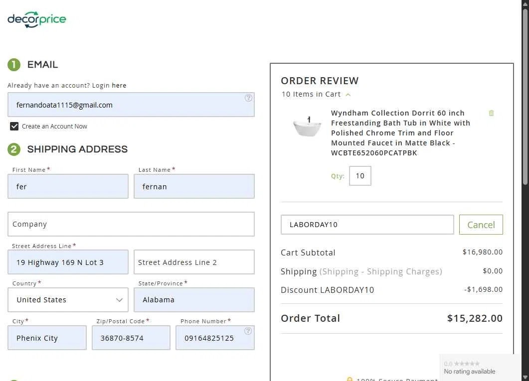 DecorPrice checkout page showing DecorPrice promo code box | Screenshot taken by SimplyCodes community member on Aug 30, 2025