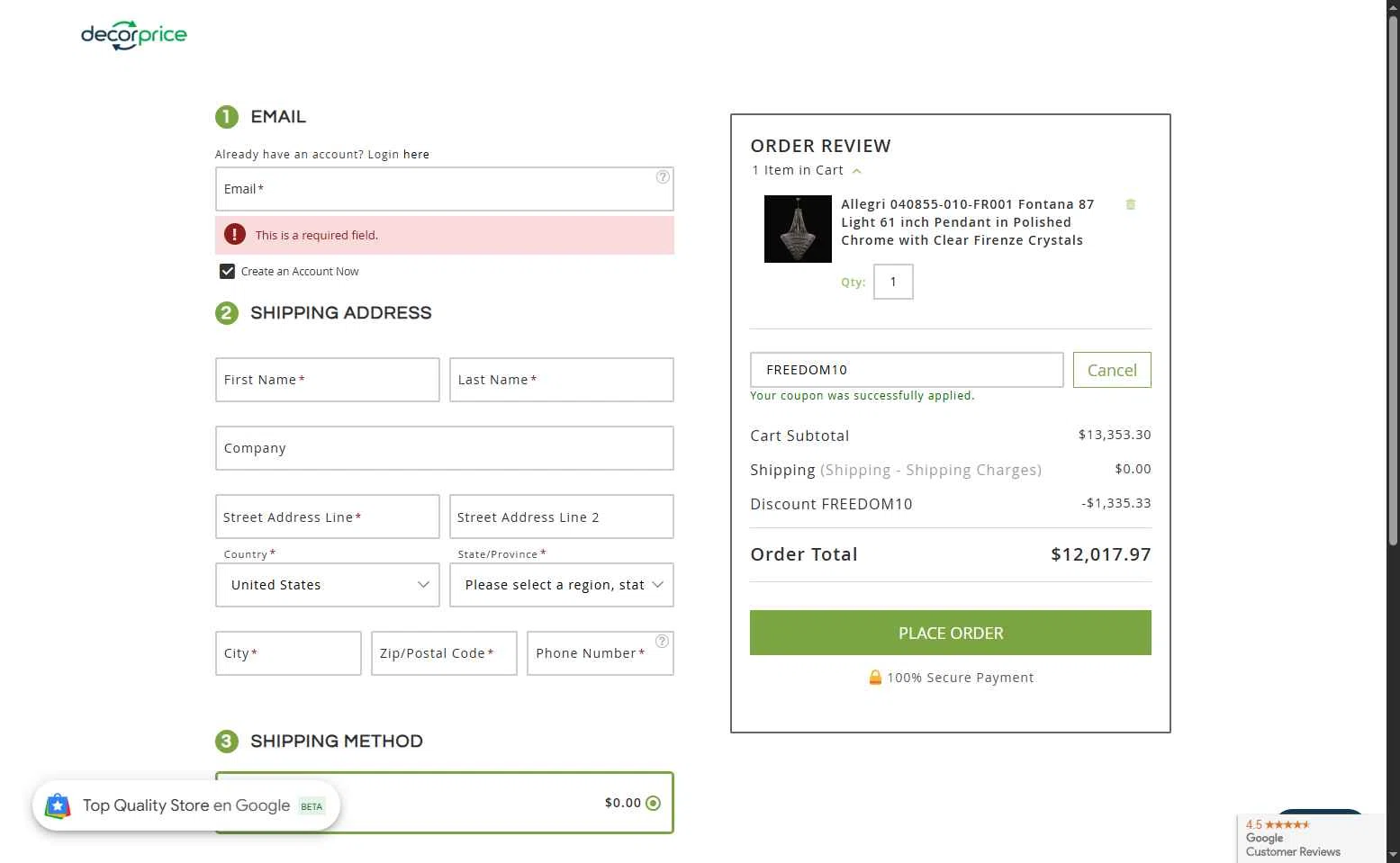 DecorPrice checkout page showing DecorPrice promo code box | Screenshot taken by SimplyCodes community member on Jul 4, 2025