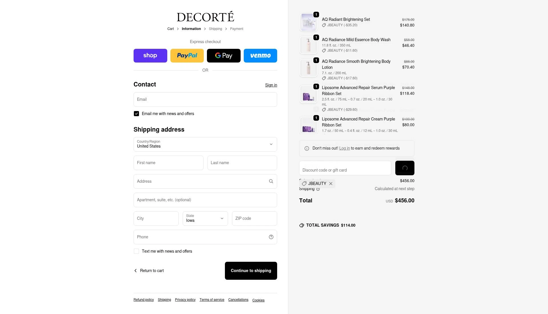 Decorte Cosmetics checkout page showing Decorte Cosmetics promo code box | Screenshot taken by SimplyCodes community member on Jan 15, 2026
