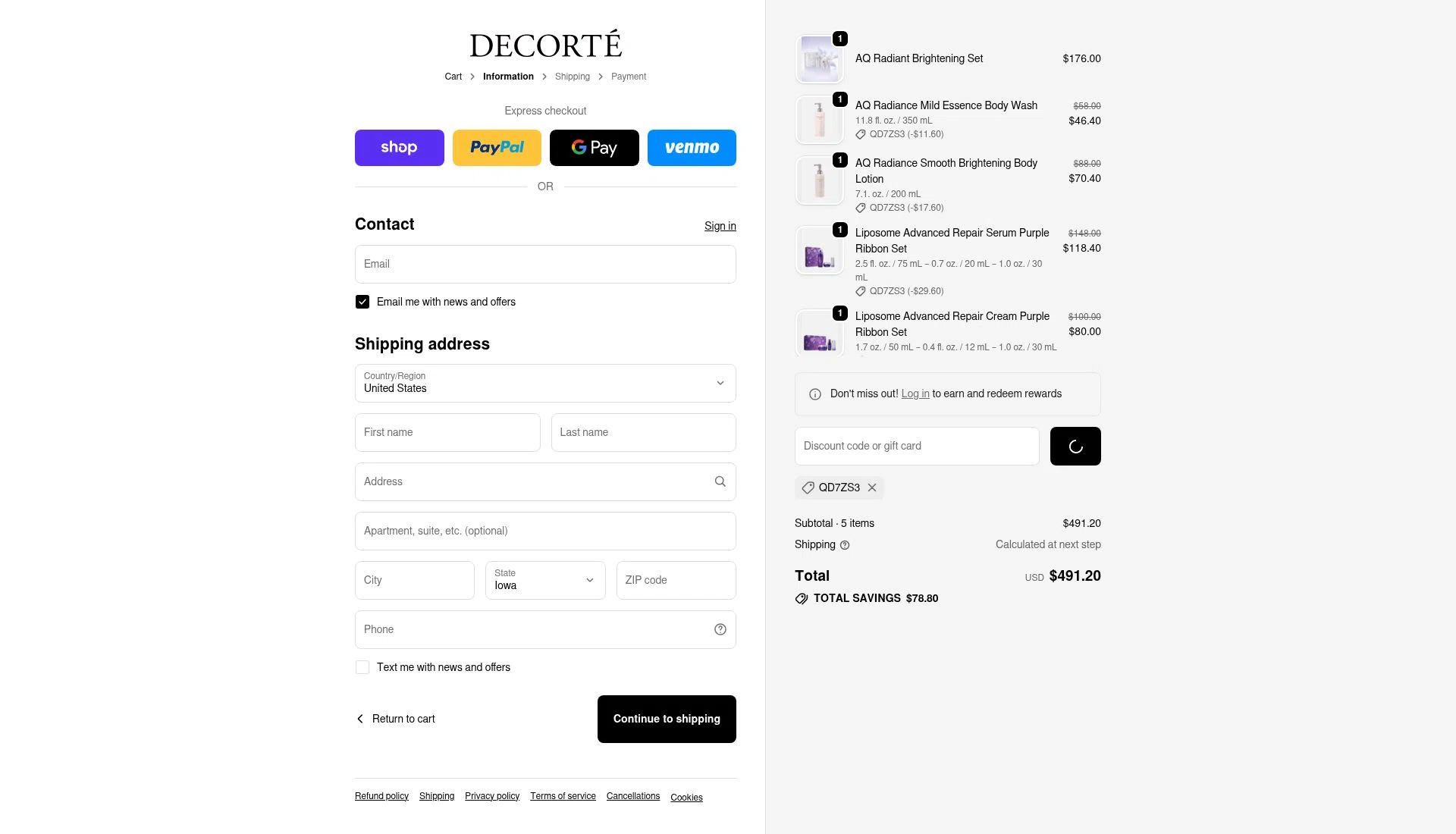 Decorte Cosmetics checkout page showing Decorte Cosmetics promo code box | Screenshot taken by SimplyCodes community member on Jan 15, 2026