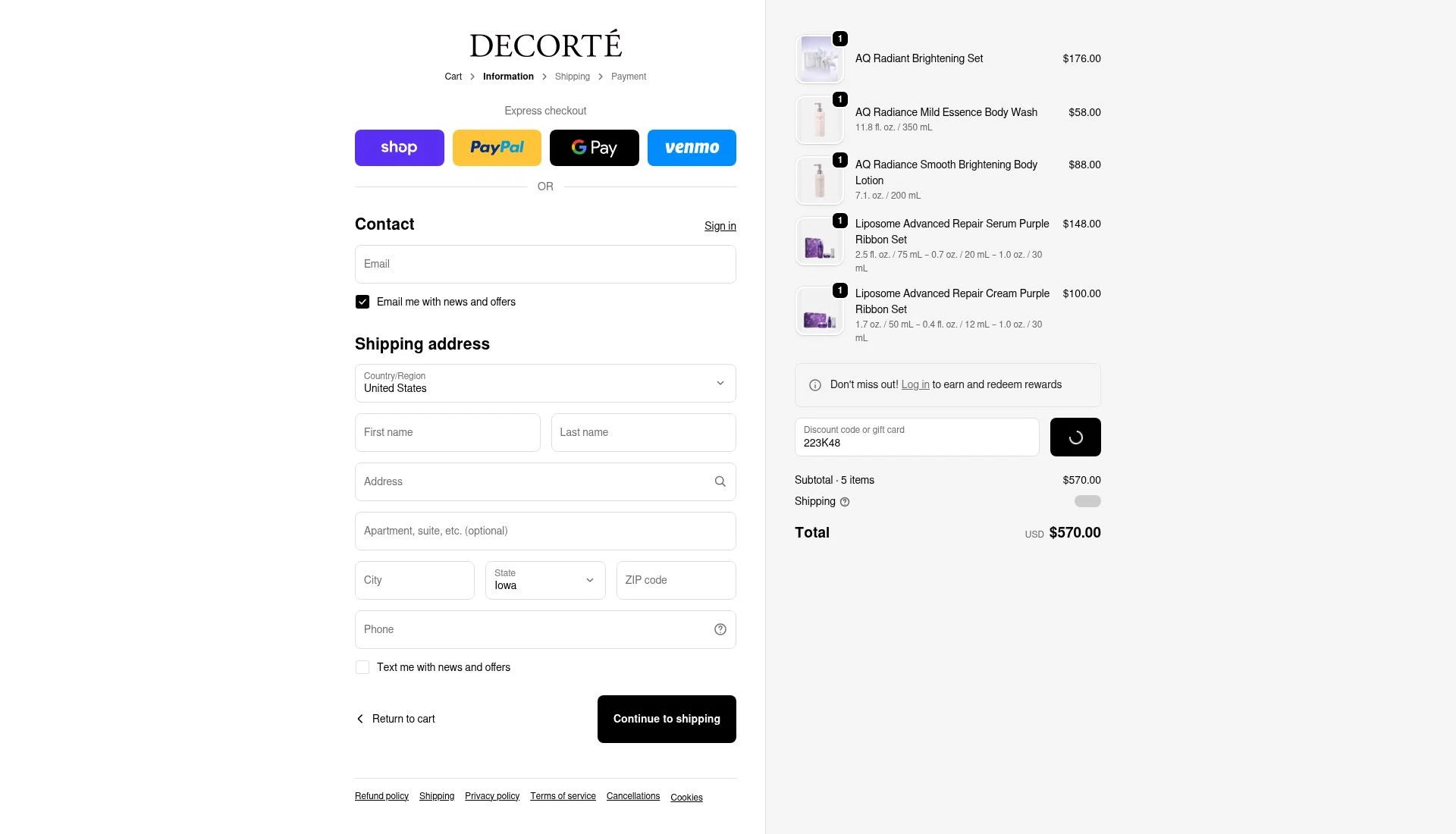 Decorte Cosmetics checkout page showing Decorte Cosmetics promo code box | Screenshot taken by SimplyCodes community member on Jan 15, 2026