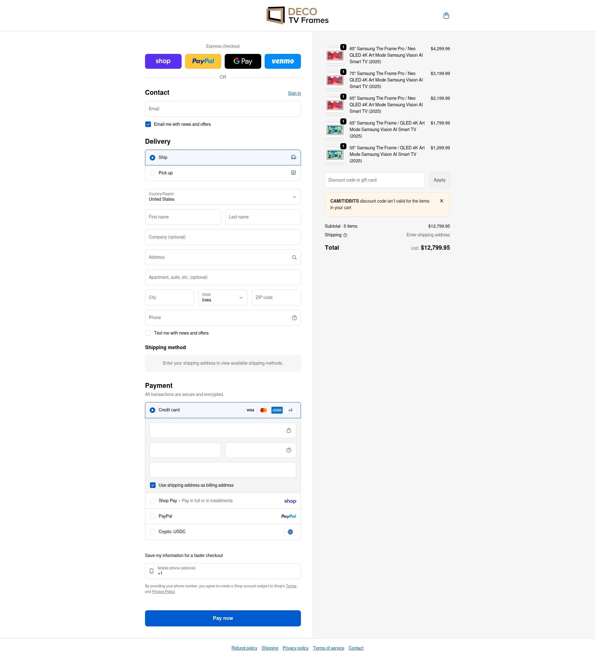 DecoTVFrames checkout page showing DecoTVFrames promo code box | Screenshot taken by SimplyCodes community member on Feb 11, 2026