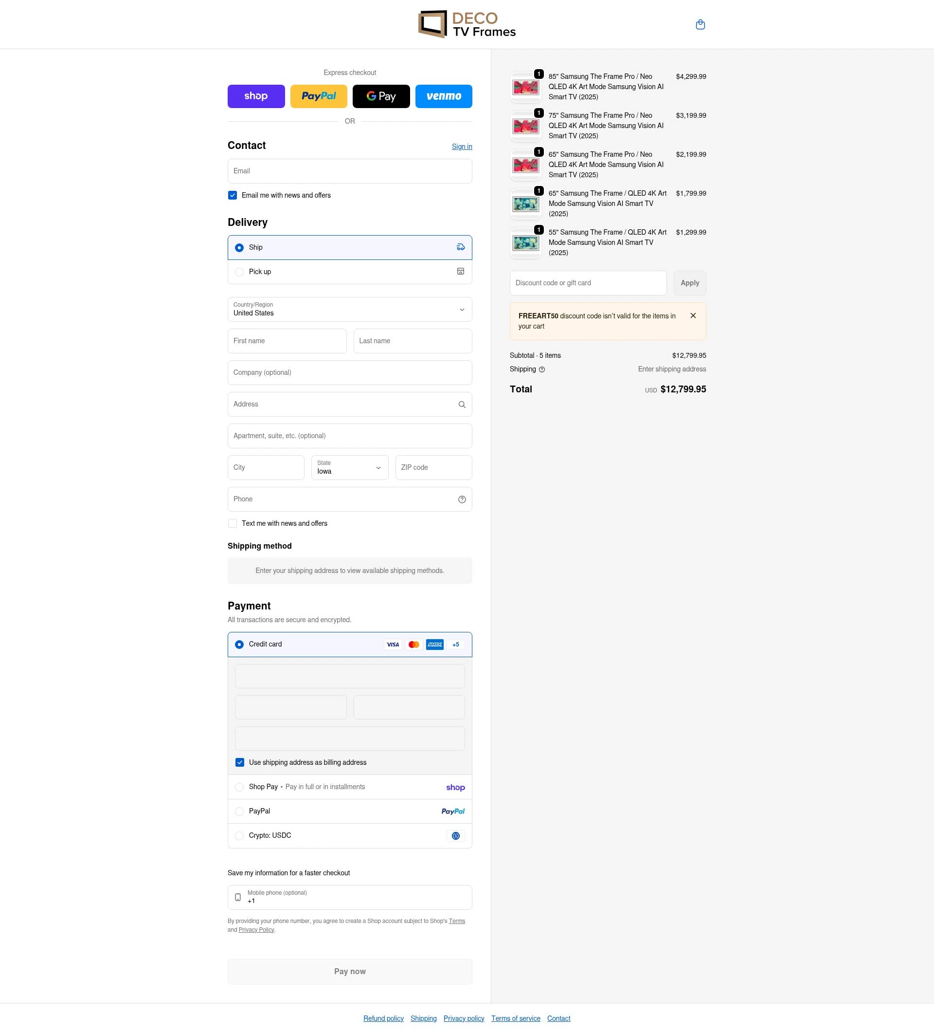 DecoTVFrames checkout page showing DecoTVFrames promo code box | Screenshot taken by SimplyCodes community member on Feb 11, 2026