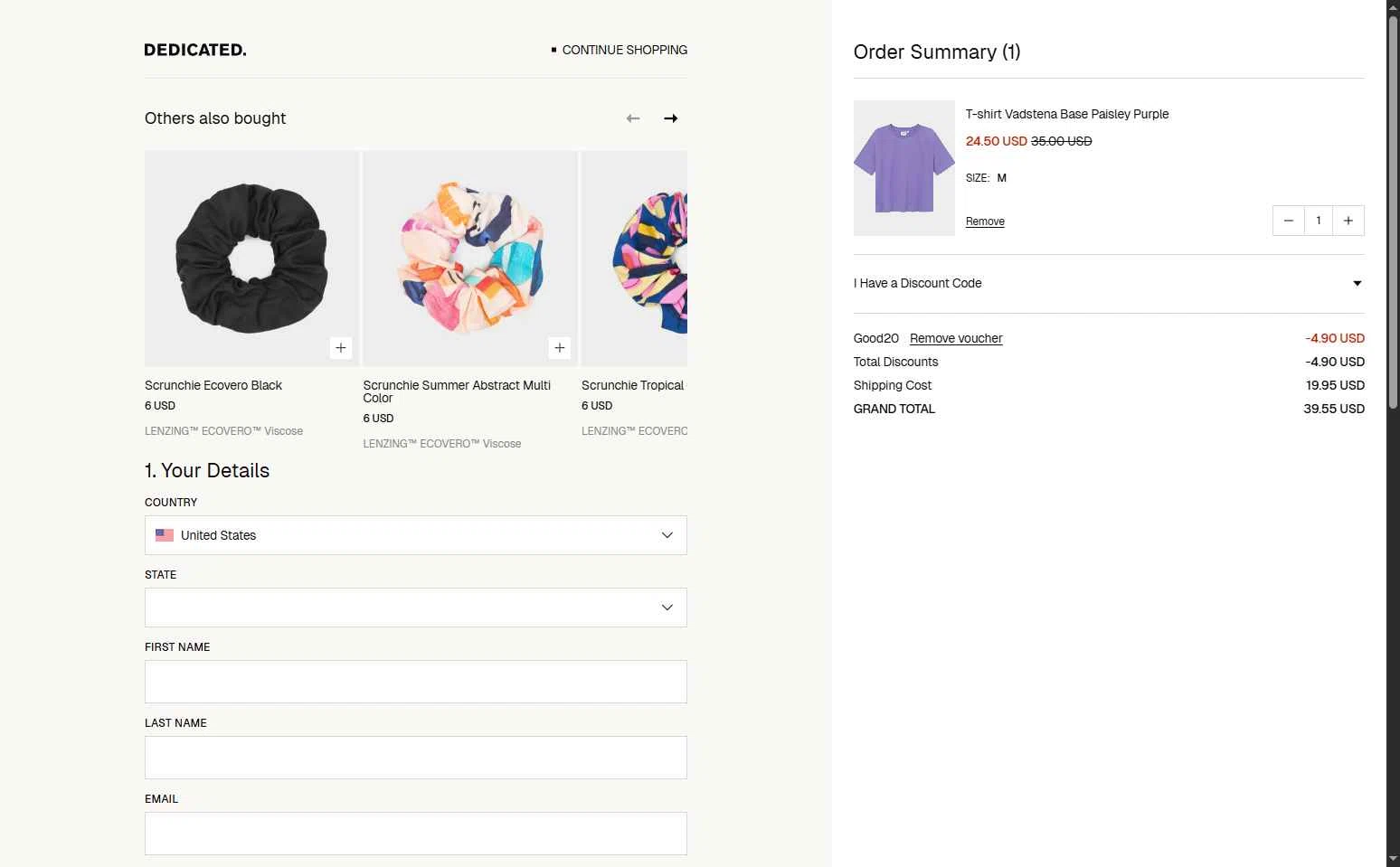 Dedicated Brand checkout page showing Dedicated Brand promo code box | Screenshot taken by SimplyCodes community member on Sep 6, 2025