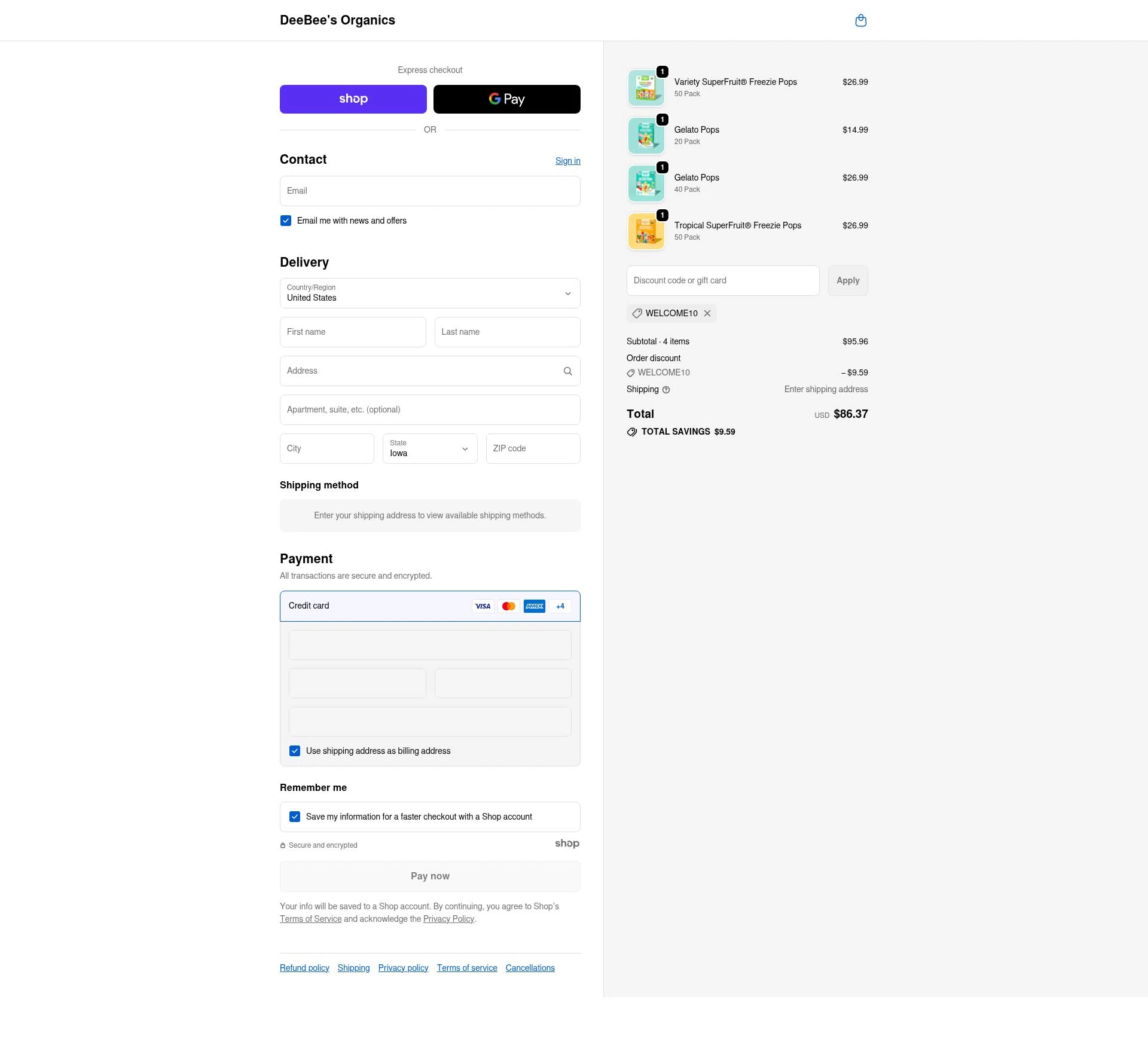 DeeBee's Organics checkout page showing DeeBee's Organics promo code box | Screenshot taken by SimplyCodes community member on Dec 7, 2025