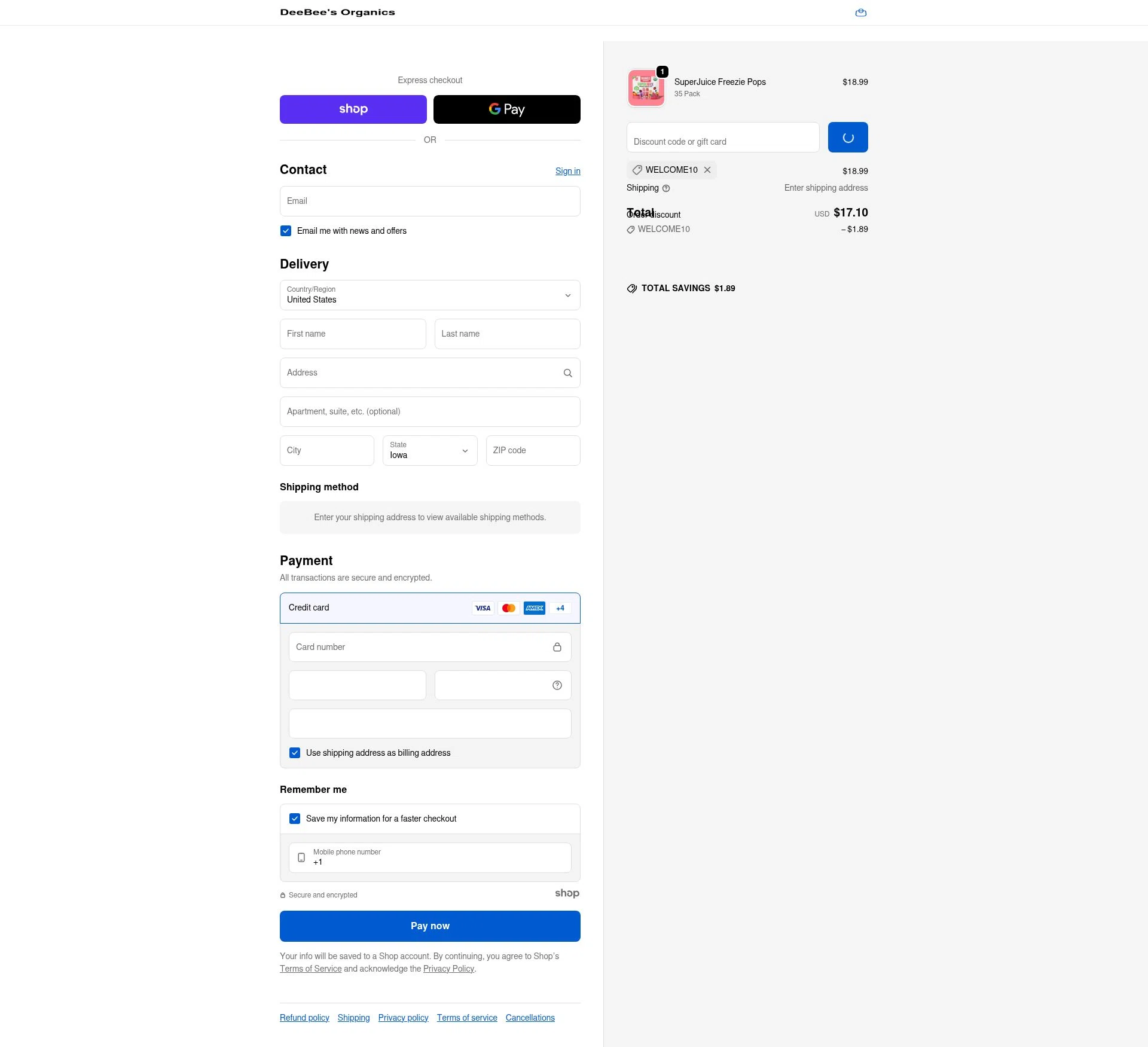 DeeBee's Organics checkout page showing DeeBee's Organics promo code box | Screenshot taken by SimplyCodes community member on Jan 4, 2026