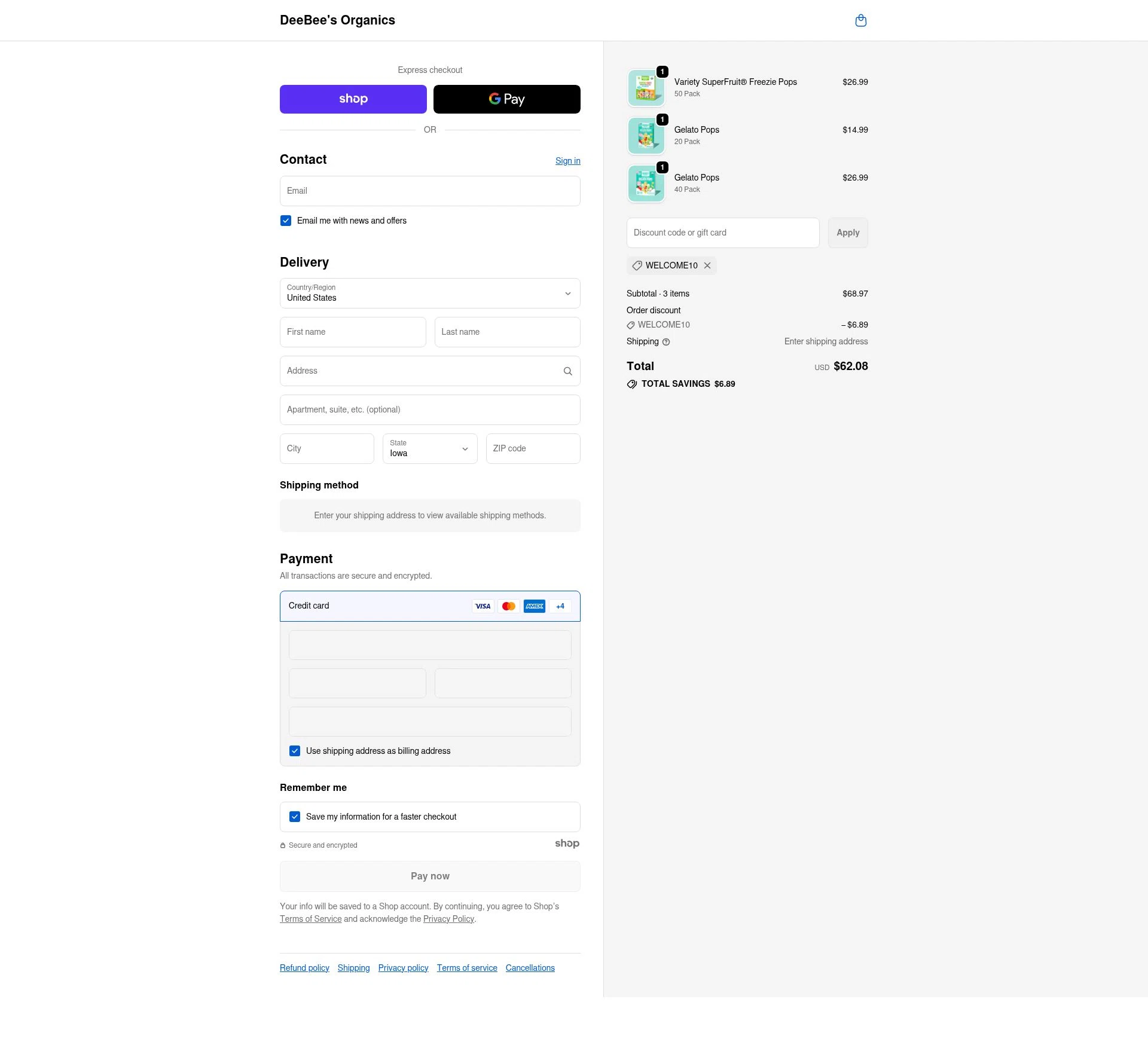 DeeBee's Organics checkout page showing DeeBee's Organics promo code box | Screenshot taken by SimplyCodes community member on Dec 13, 2025