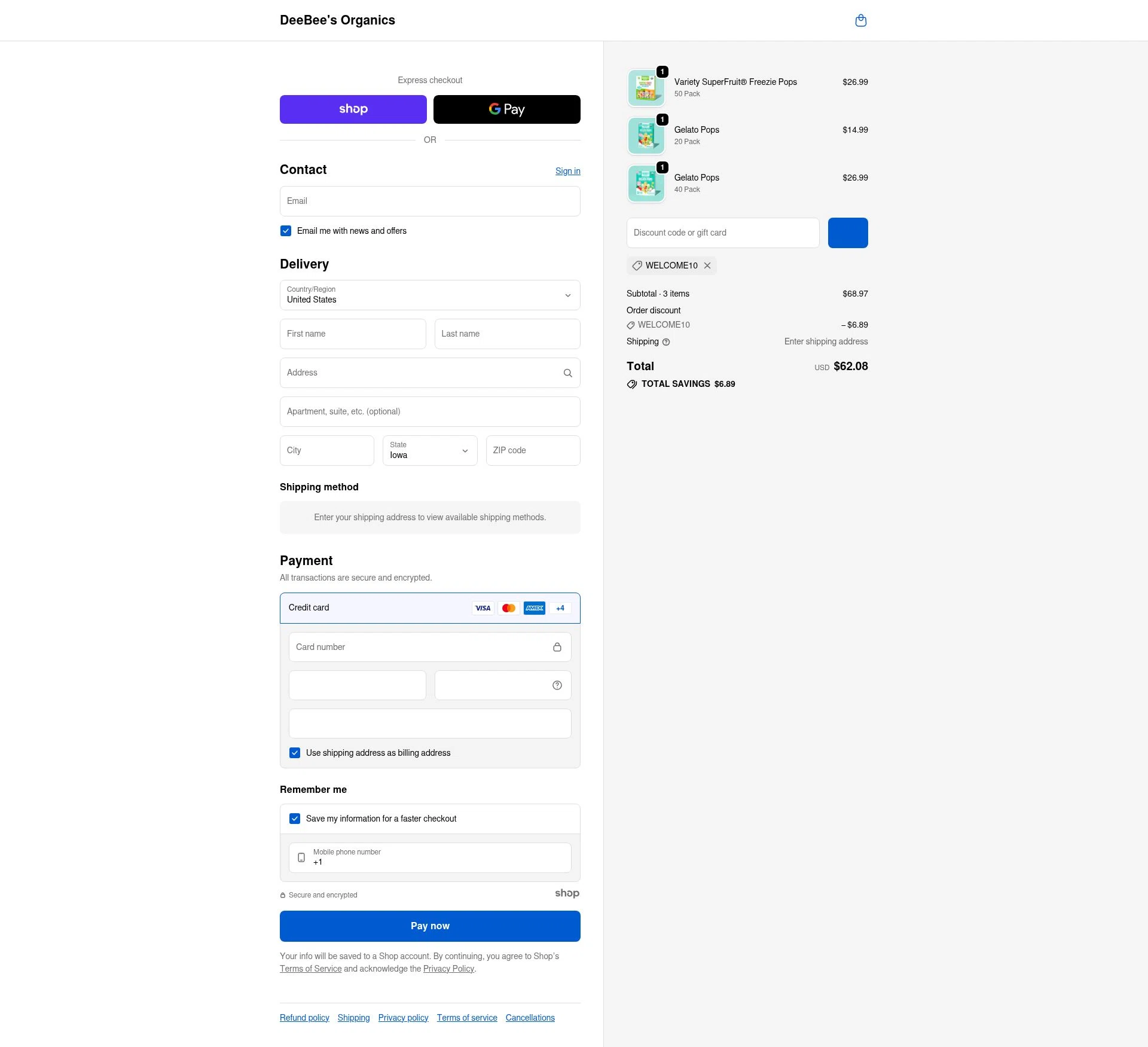 DeeBee's Organics checkout page showing DeeBee's Organics promo code box | Screenshot taken by SimplyCodes community member on Dec 20, 2025