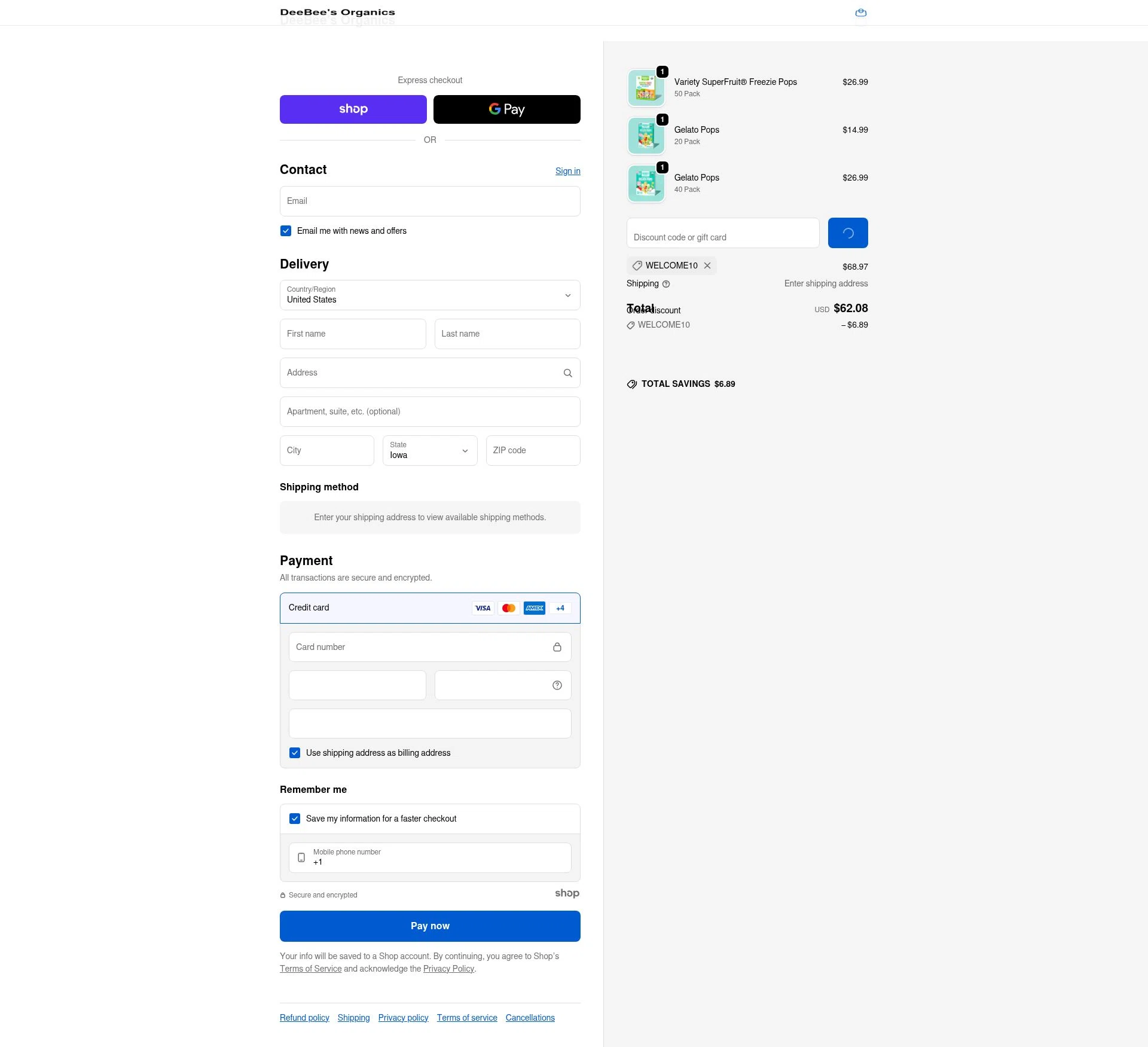 DeeBee's Organics checkout page showing DeeBee's Organics promo code box | Screenshot taken by SimplyCodes community member on Dec 30, 2025