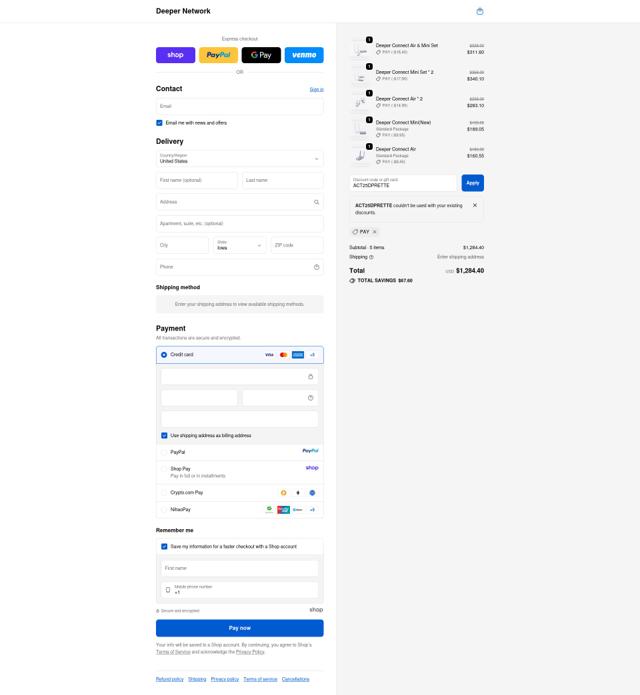 Deeper Network checkout page showing Deeper Network discount code box | Screenshot taken by SimplyCodes community member on Oct 13, 2025