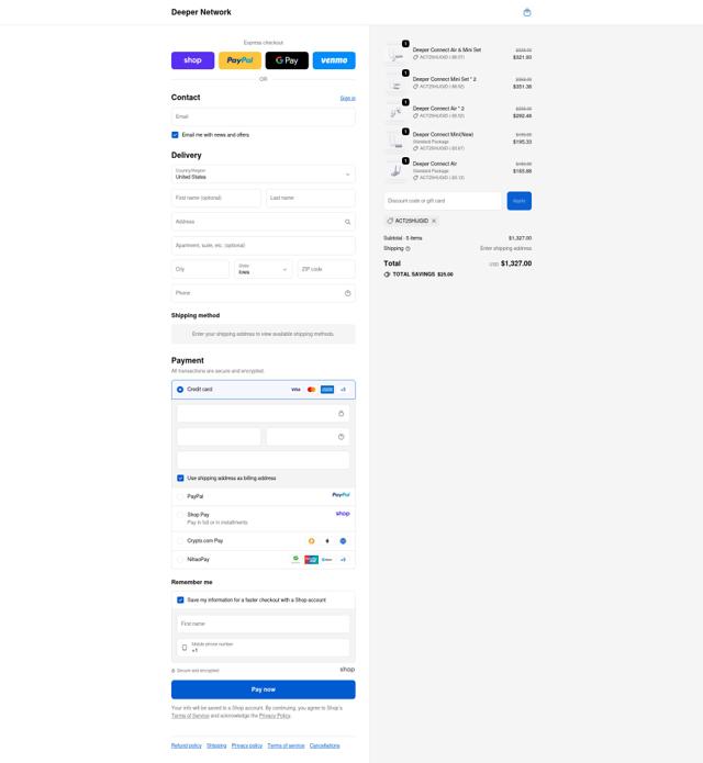 Deeper Network checkout page showing Deeper Network discount code box | Screenshot taken by SimplyCodes community member on Oct 13, 2025
