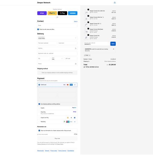 Deeper Network checkout page showing Deeper Network discount code box | Screenshot taken by SimplyCodes community member on Oct 13, 2025