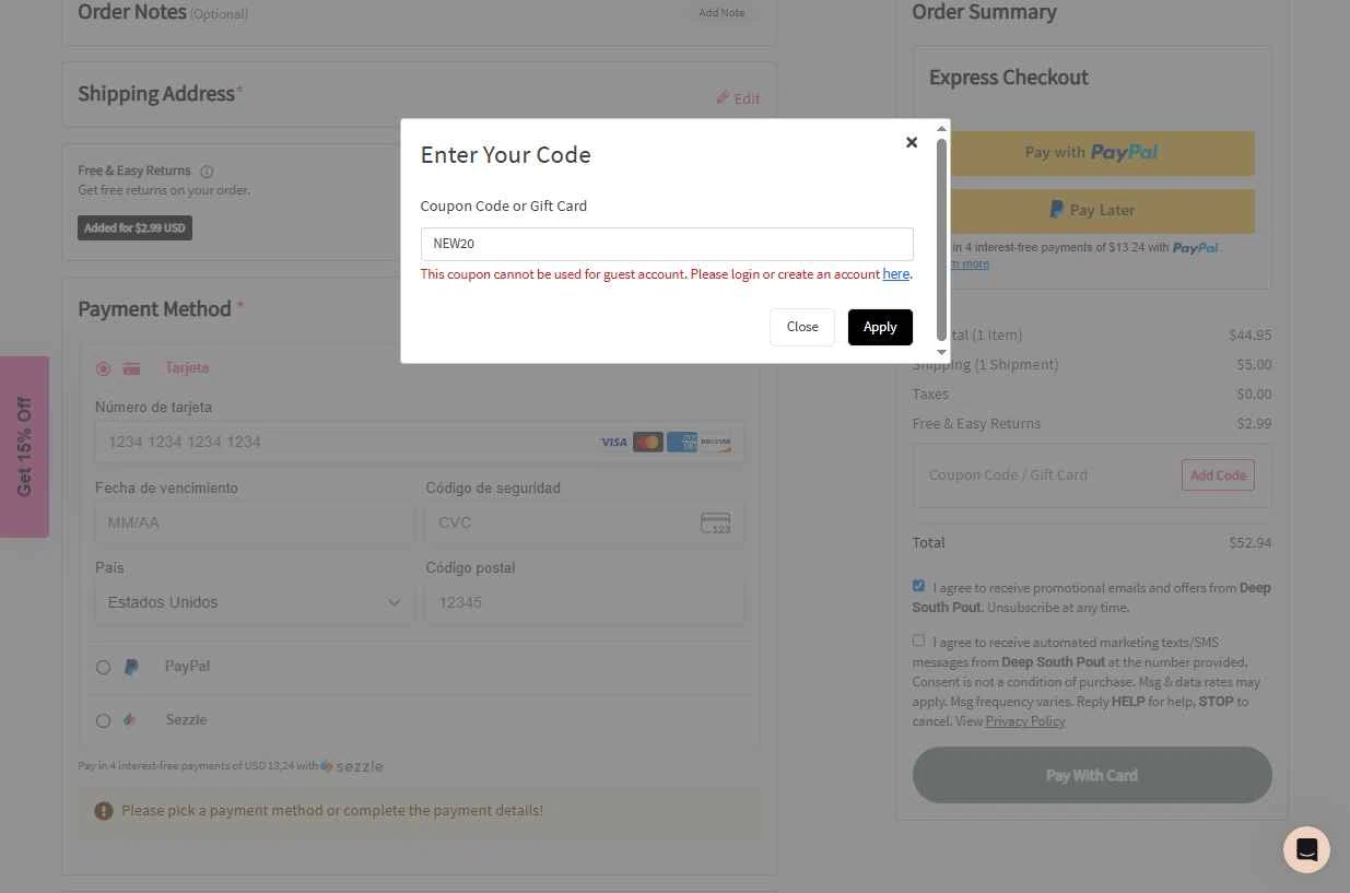 Deep South Pout checkout page showing Deep South Pout coupon code box | Screenshot taken by SimplyCodes community member on Sep 10, 2025