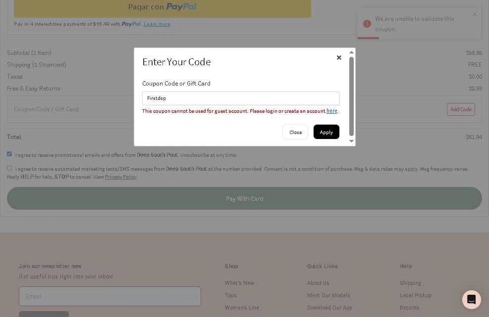 Deep South Pout checkout page showing Deep South Pout coupon code box | Screenshot taken by SimplyCodes community member on Jan 9, 2026
