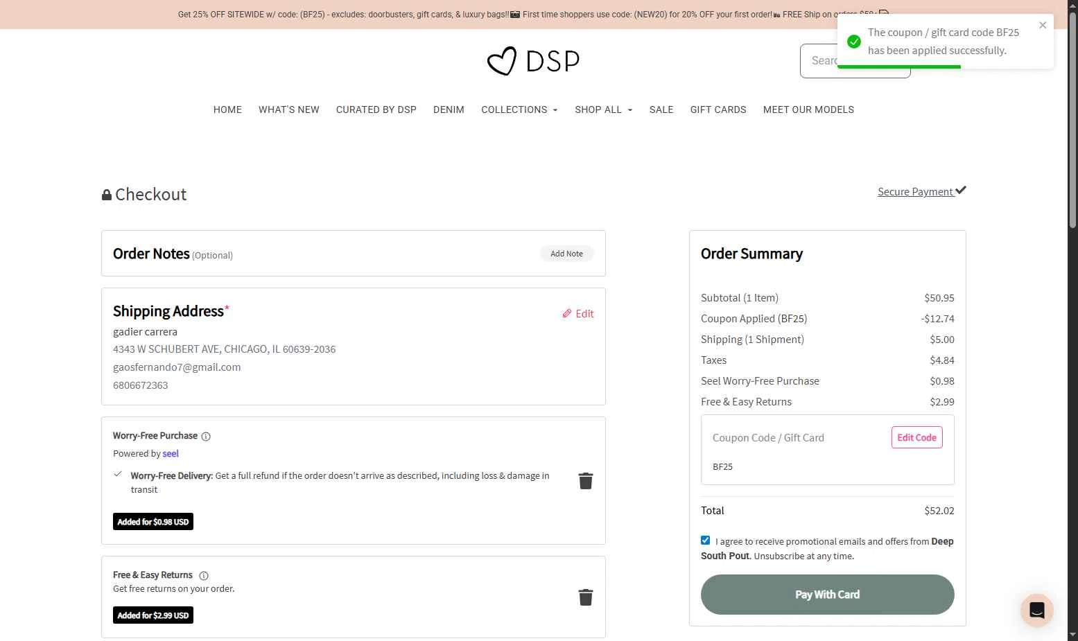 Deep South Pout checkout page showing Deep South Pout coupon code box | Screenshot taken by SimplyCodes community member on Nov 27, 2025