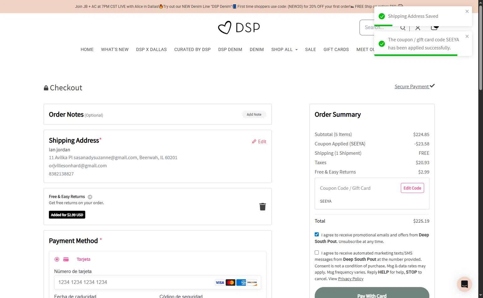 Deep South Pout checkout page showing Deep South Pout coupon code box | Screenshot taken by SimplyCodes community member on Aug 12, 2025