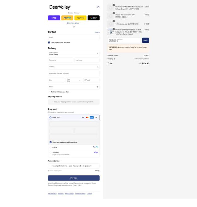 DeerValley Bath checkout page showing DeerValley Bath promo code box | Screenshot taken by SimplyCodes community member on Sep 16, 2025