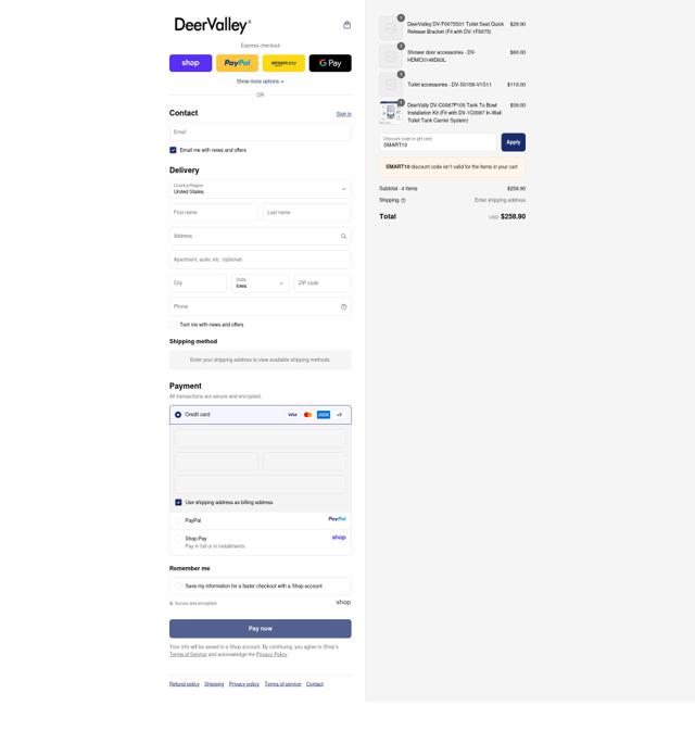 DeerValley Bath checkout page showing DeerValley Bath promo code box | Screenshot taken by SimplyCodes community member on Sep 16, 2025