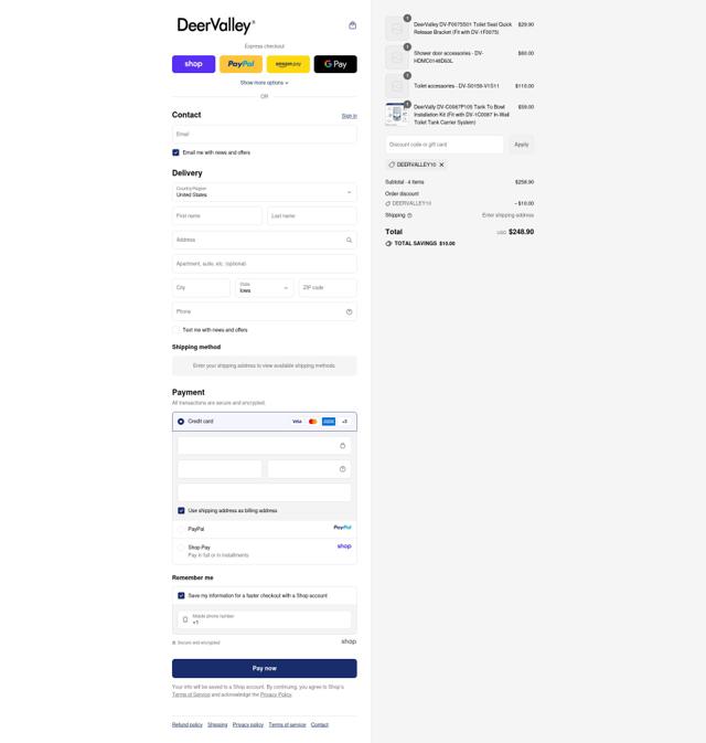 DeerValley Bath checkout page showing DeerValley Bath promo code box | Screenshot taken by SimplyCodes community member on Sep 16, 2025