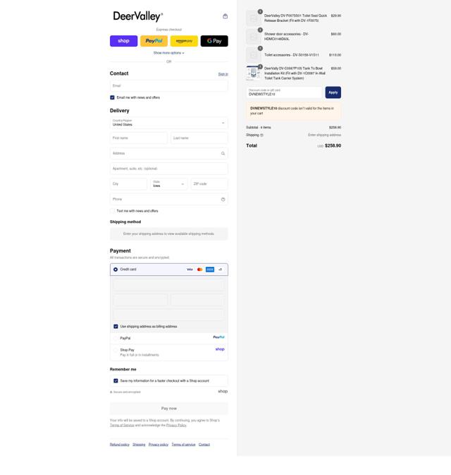 DeerValley Bath checkout page showing DeerValley Bath promo code box | Screenshot taken by SimplyCodes community member on Sep 16, 2025