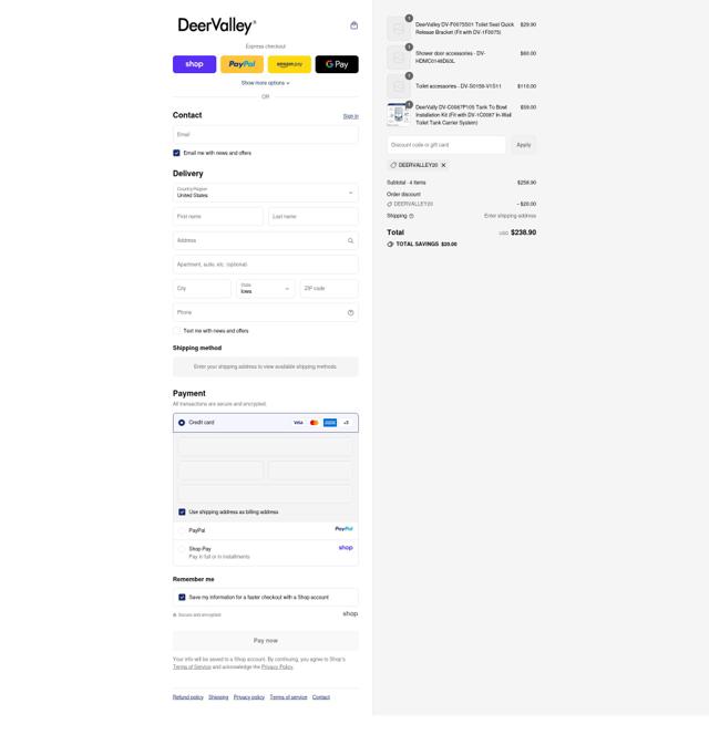 DeerValley Bath checkout page showing DeerValley Bath promo code box | Screenshot taken by SimplyCodes community member on Sep 16, 2025