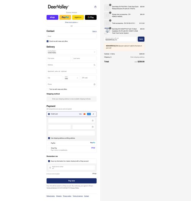 DeerValley Bath checkout page showing DeerValley Bath promo code box | Screenshot taken by SimplyCodes community member on Sep 16, 2025