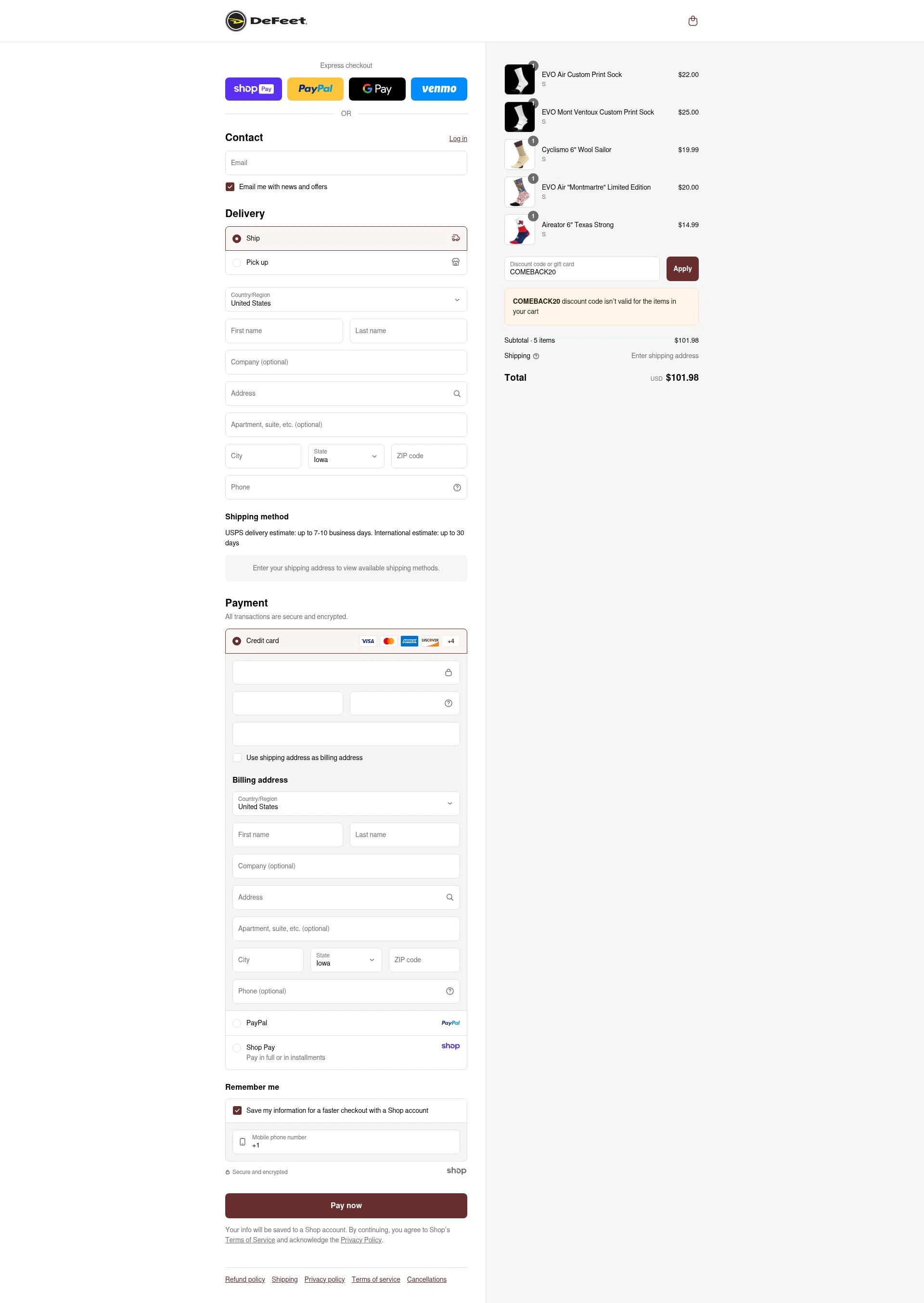DeFeet checkout page showing DeFeet discount code box | Screenshot taken by SimplyCodes community member on Aug 25, 2025